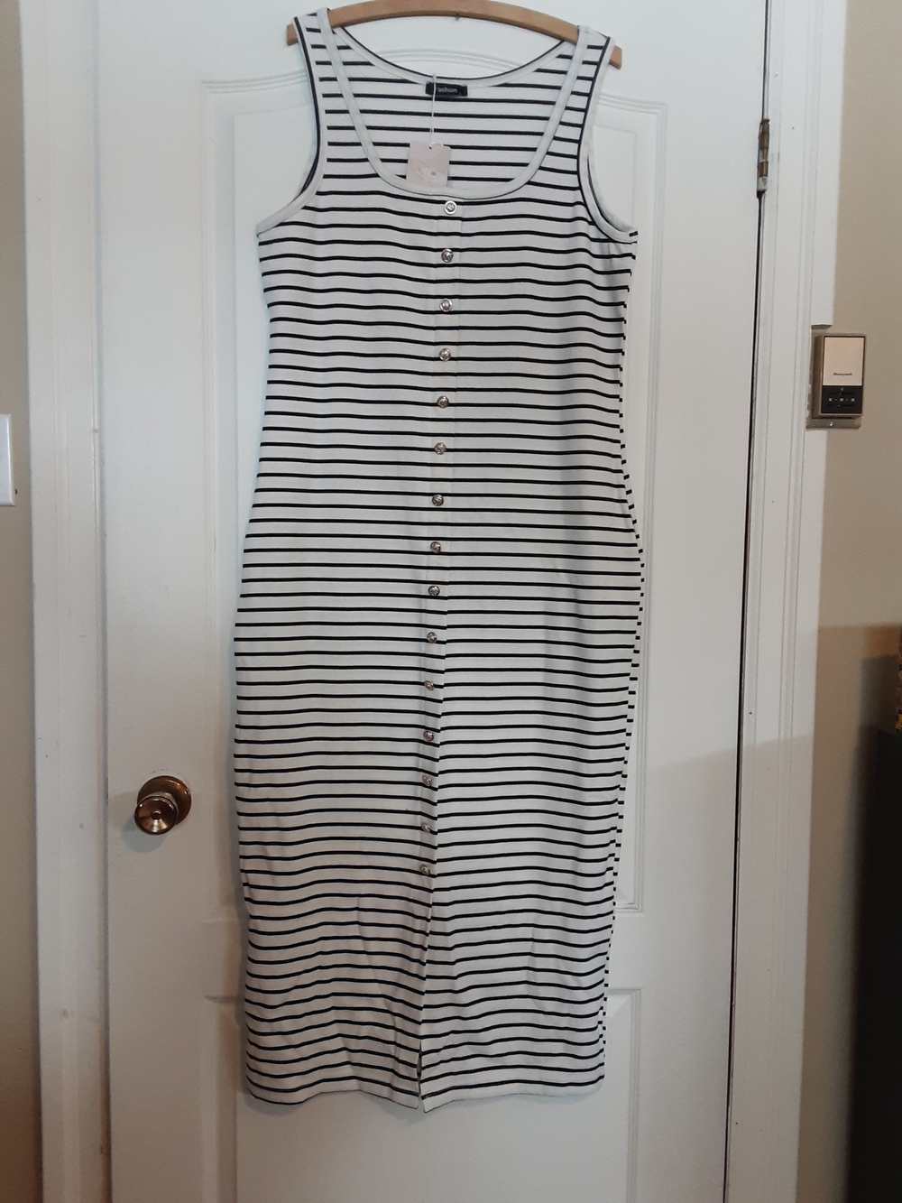 White & Black Striped Button-Front Midi Tank Dress